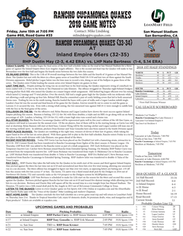 Rancho Cucamonga Quakes 2018 Game Notes