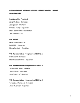 1 Candidate List for Bernalillo, Sandoval, Torrance, Valencia