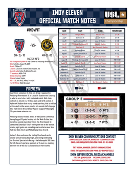 Indy Eleven Official Match Notes
