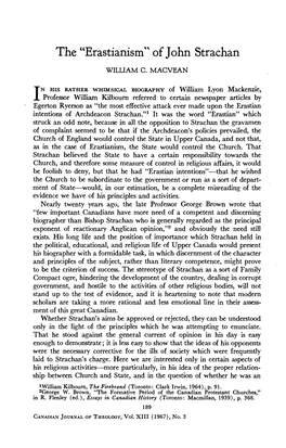 William C. Macvean, "The 'Erastianism' of John Strachan," Canadian