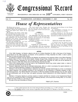 Congressional Record United States Th of America PROCEEDINGS and DEBATES of the 109 CONGRESS, FIRST SESSION