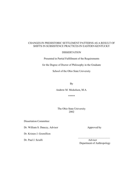 Changes in Prehistoric Settlement Patterns As a Result of Shifts in Subsistence Practices in Eastern Kentucky