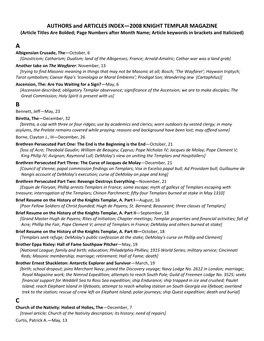 AUTHORS and ARTICLES INDEX—2008 KNIGHT TEMPLAR MAGAZINE (Article Titles Are Bolded; Page Numbers After Month Name; Article Keywords in Brackets and Italicized)