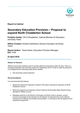 Secondary Education Provision – Proposal to Expand North Chadderton School