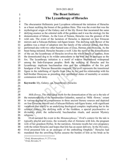 The Lycanthropy of Heracles 3 4 the Obscurantist Hellenistic Poet Lycophron Referenced the Initiation of Heracles 5 As a Beast Suckling the Breast of the Goddess Hera