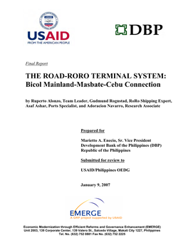 THE ROAD-RORO TERMINAL SYSTEM: Bicol Mainland-Masbate-Cebu Connection