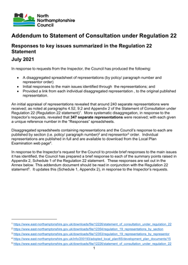 Addendum to Statement of Consultation Under Regulation 22