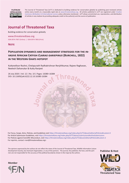 Population Dynamics and Management Strategies for the In- Vasive African Catfish Clarias Gariepinus (Burchell, 1822) in the Western Ghats Hotspot