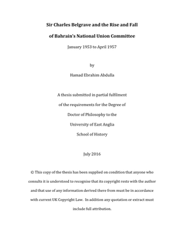 Sir Charles Belgrave and the Rise and Fall of Bahrain's National Union