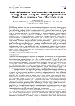 (ICT) in Teaching and Learning Computer Studies in Ohaukwu Local Government Area of Ebonyi State-Nigeria