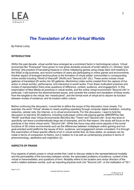 The Translation of Art in Virtual Worlds