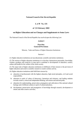 L a W No. 131 of 21 February 2002 on Higher Education and On