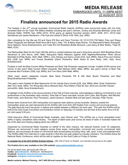 Commercial Radio Australia, Joan Warner Said; “The Acras Are a Much Anticipated Event Within a Highly Competitive Radio Industry