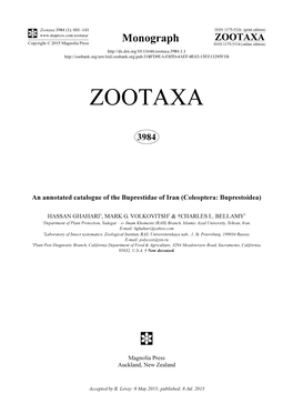 An Annotated Catalogue of the Buprestidae of Iran (Coleoptera: Buprestoidea)