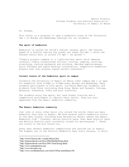 Sports Director Chinese Students and Scholars Association 1 University of Hawaii at Manoa Dr. Hisaka, This Letter Is a Proposal