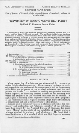 PREPARATION of BENZOIC ACID of HIGH PURITY by Frank W