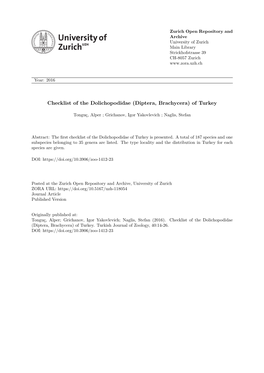 Checklist of the Dolichopodidae (Diptera, Brachycera) of Turkey