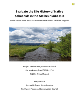 Evaluate the Life History of Native Salmonids in the Malheur Subbasin Burns Paiute Tribe, Natural Resources Department, Fisheries Program