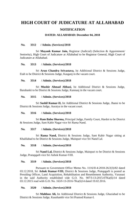 HIGH COURT of JUDICATURE at ALLAHABAD NOTIFICATION DATED: ALLAHABAD: December 04, 2018