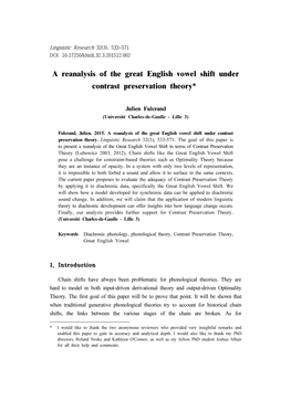 A Reanalysis of the Great English Vowel Shift Under Contrast Preservation Theory*1