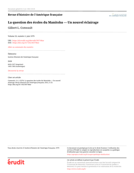 La Question Des Écoles Du Manitoba — Un Nouvel Éclairage Gilbert-L