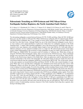 Paleoseismic Trenching on 1939 Erzincan and 1942 Niksar-Erbaa Earthquake Surface Ruptures, the North Anatolian Fault (Turkey)