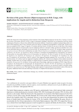 Revision of the Genus Monotes (Dipterocarpaceae) in D.R. Congo, with Implications for Angola and Its Distinction from Marquesia