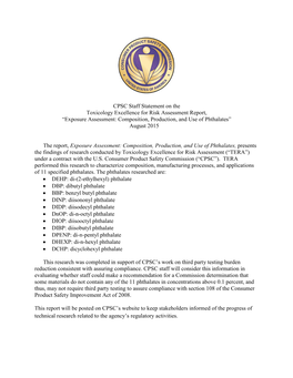 CPSC Staff Statement on the Toxicology Excellence for Risk Assessment Report, “Exposure Assessment: Composition, Production, and Use of Phthalates” August 2015