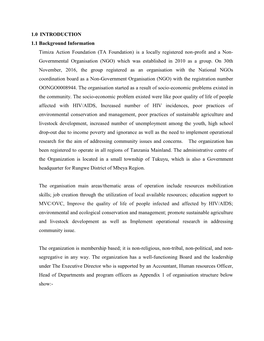 (TA Foundation) Is a Locally Registered Non-Profit and a Non- Governmental Organisation (NGO) Which Was Established in 2010 As a Group