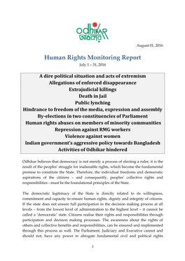 Human Rights Monitoring Report July 1 – 31, 2016