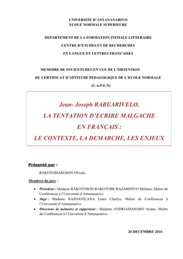 Jean- Joseph RABEARIVELO, LA TENTATION D’ECRIRE MALGACHE EN FRANÇAIS : LE CONTEXTE, LA DEMARCHE, LES ENJEUX