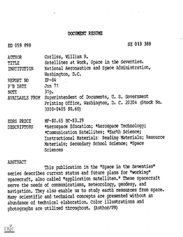 Satellites at Work, Space in the Seventies. INSTITUTION National Aeronautics and Spaceadninistration, Washington, D.C