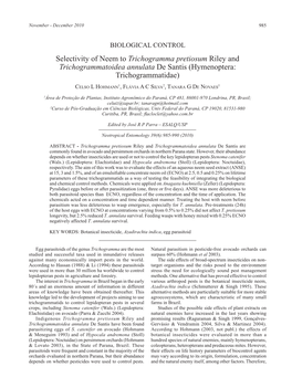 Selectivity of Neem to Trichogramma Pretiosum Riley and Trichogrammatoidea Annulata De Santis (Hymenoptera: Trichogrammatidae)