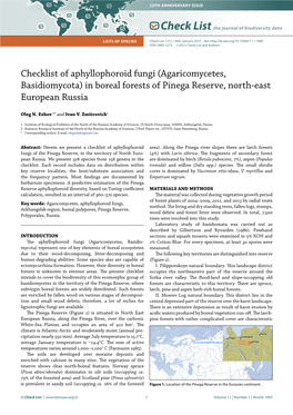 Checklist of Aphyllophoroid Fungi (Agaricomycetes, Basidiomycota) in Boreal Forests of Pinega Reserve, North-East European Russia