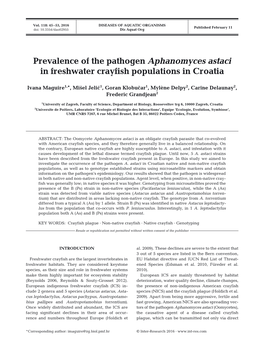 Prevalence of the Pathogen Aphanomyces Astaci in Freshwater Crayfish Populations in Croatia