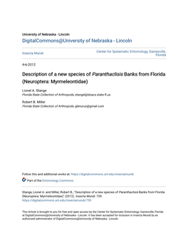 Description of a New Species of Paranthaclisis Banks from Florida (Neuroptera: Myrmeleontidae)