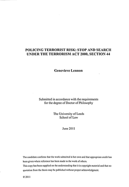 Policing Terrorist Risk: Stop and Search Under the Terrorism Act 2000, Section 44