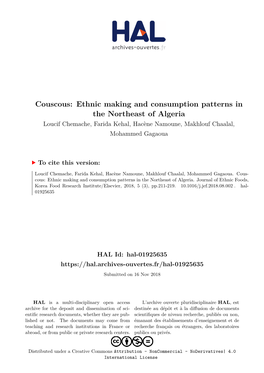 Couscous: Ethnic Making and Consumption Patterns in the Northeast of Algeria Loucif Chemache, Farida Kehal, Hacène Namoune, Makhlouf Chaalal, Mohammed Gagaoua