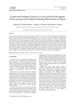 Contact and Fumigant Toxicity of Uvaria Afzelli (Scott) Against Plodia Interpunctella (Hubner) Infesting Maize Grains in Nigeria