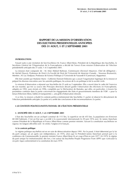 Seychelles-Rapport De La Mission D'observation Des Élections Présidentielles Anticipées Des 31 Août, 1Er Et