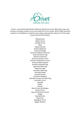 Orivet's Canine Breed Identification DNA Tests Identify More Than 350 Breeds, Types and Varieties; the Largest Number Of