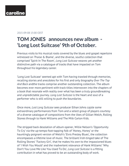 TOM JONES Announces New Album - ‘Long Lost Suitcase’ 9Th of October