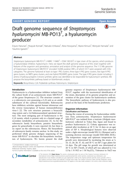 Draft Genome Sequence of Streptomyces Hyaluromycini MB