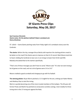 SF Giants Press Clips Saturday, May 20, 2017