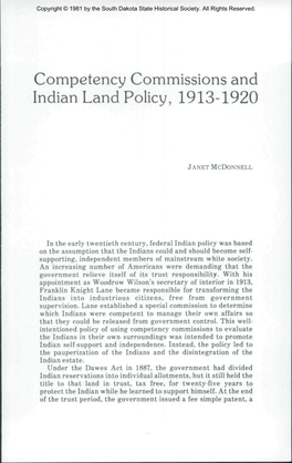 Competency Commissions and Indian Land Policy, 1913-1920