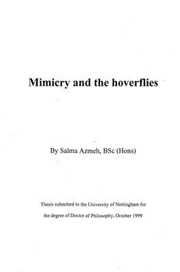 Mimcry and the Hoverflies. Phd Thesis, University of Nottingham