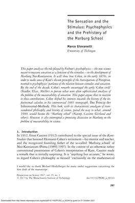 The Sensation and the Stimulus: Psychophysics and the Prehistory of the Marburg School