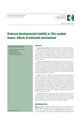 Reduced Developmental Stability in Tilia Cordata Leaves: Effects of Disturbed Environment