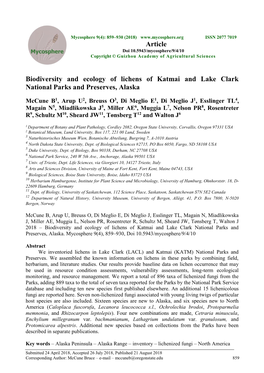 Biodiversity and Ecology of Lichens of Katmai and Lake Clark National Parks and Preserves, Alaska