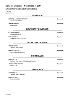 Certified List of Candidates 8/28/2014 Page 1 of 38 GOVERNOR